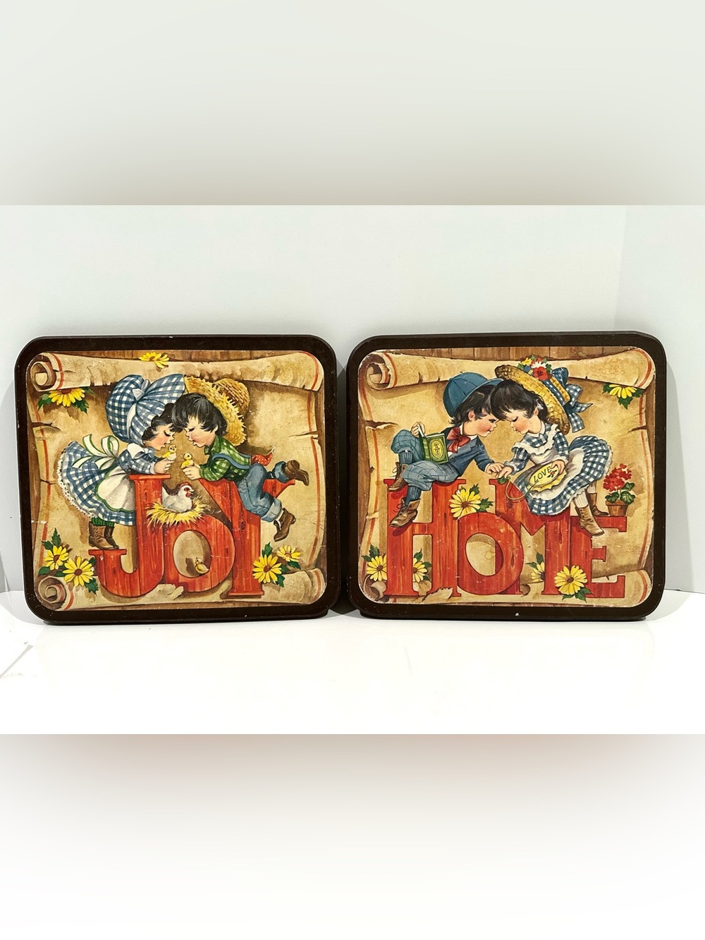 Vintage Set of 2 Wood Homco Home Joy Plaques Country Boy Girl Decor Wall Hanging